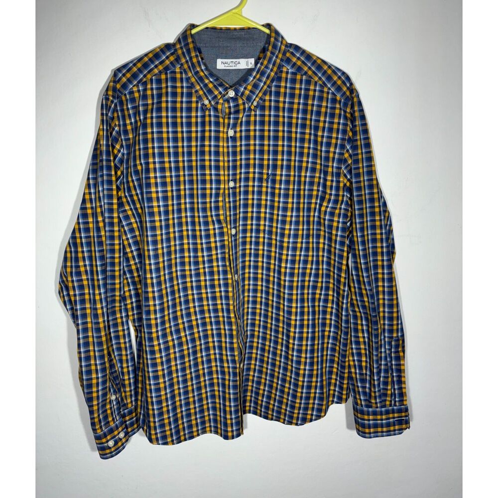 Nautica Classic Fit Men’s XL Shirt Yellow Blue Plaid Long Sleeve Button Front